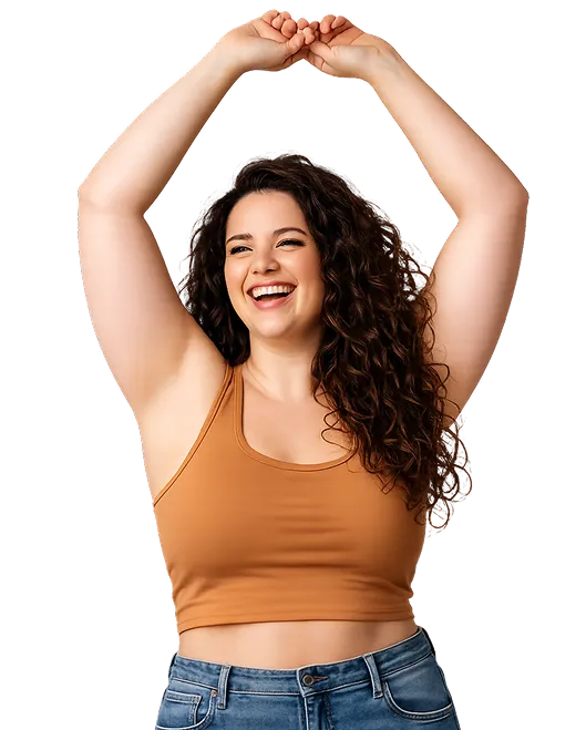 Smiling woman celebrating her weight-loss results